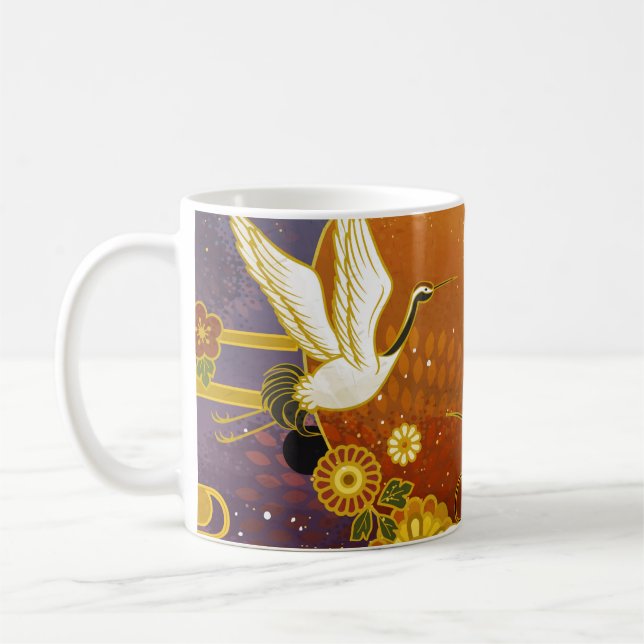 Japanese crane bird colourful sky illustration pat coffee mug (Left)