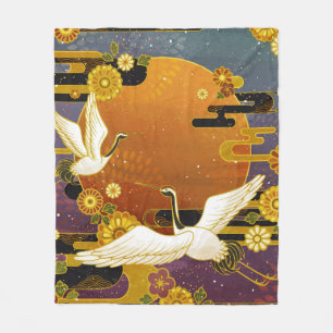 Japanese crane bird colourful sky illustration pat fleece blanket