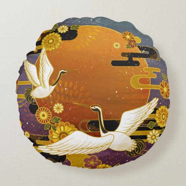Japanese crane bird colourful sky illustration pat round cushion (Front)