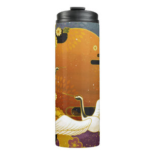 Japanese crane bird colourful sky illustration pat thermal tumbler