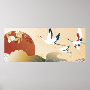 Japanese crane birds and sea wave poster