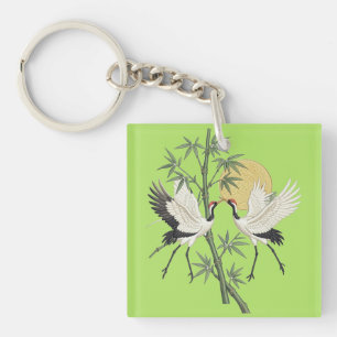 Japanese Crane Embroidery Bamboo Sunrise gift Key Ring