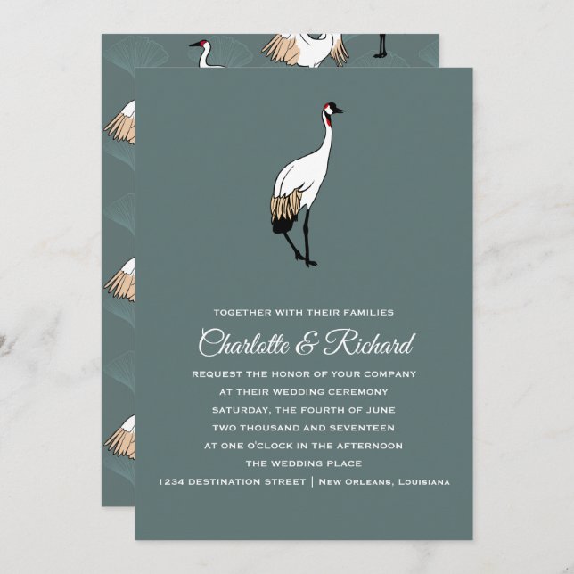 Japanese Crane & Gingko Leaves Wedding Invitation (Front/Back)
