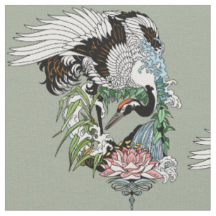 Japanese crane in the garden fabric