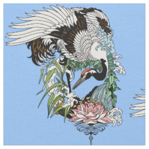 Japanese crane in the garden fabric