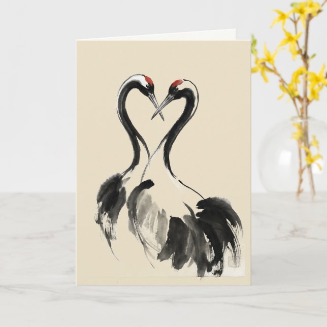 Japanese Crane Ink Wash Fine Art Card (Yellow Flower)