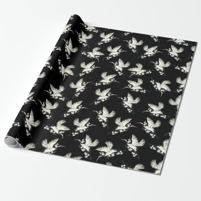 Japanese crane kimono traditional art black white wrapping paper (Unrolled)