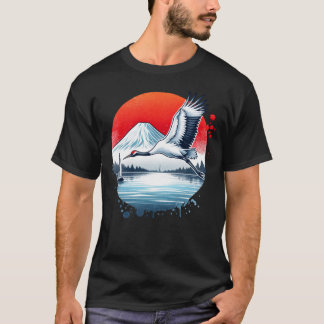 Japanese Crane Mount Fuji Vintage Sun Sunset Lands T-Shirt