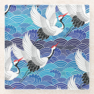 Japanese Crane: Ornate Bird Pattern. Glass Coaster