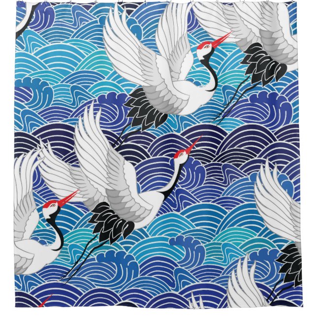 Japanese Crane: Ornate Bird Pattern. Shower Curtain (Front)