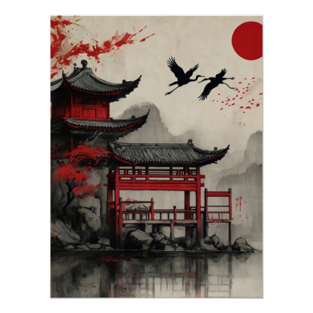 Japanese Crane Pagoda Red Sun Poster Zen Oriental (Front)