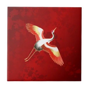 Japanese Crane Red Cherry Blossom Ceramic Tile