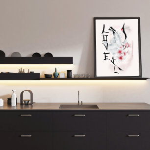 Japanese Crane Sakura Cherry Blossoms Elegant Love Poster