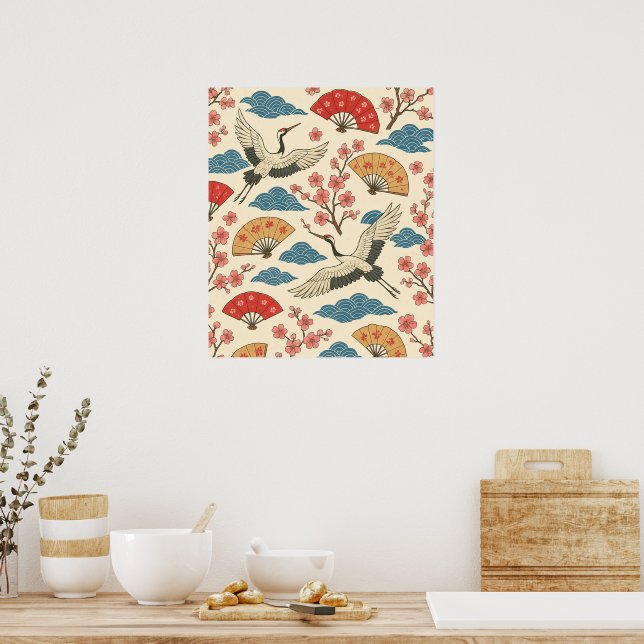 Japanese Crane Sakura Pattern Poster – Traditional (Kitchen)