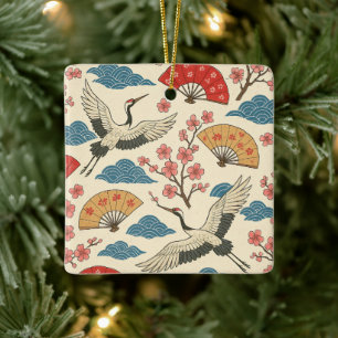 Japanese Crane Sakura Pattern Traditional Japanese Ceramic Ornament