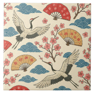 Japanese Crane Sakura Pattern Traditional Japanese Ceramic Tile