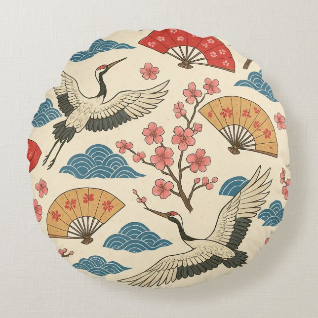 Japanese Crane Sakura Pattern Traditional Japanese Round Cushion (Front)