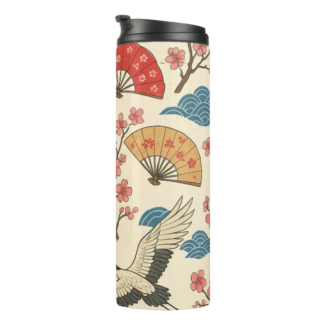 Japanese Crane Sakura Pattern Traditional Japanese Thermal Tumbler (Rotated Right)