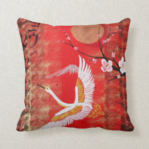 Japanese crane sun Japan sakura red painting cherr Cushion