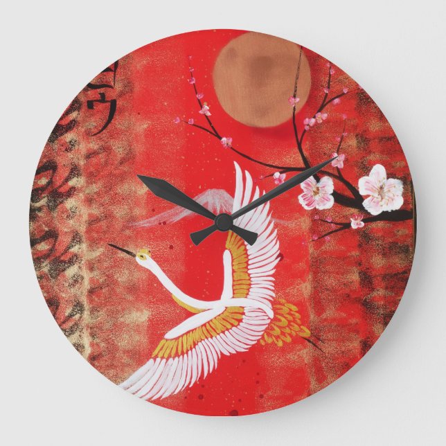 Japanese crane sun Japan sakura red painting Large Clock (Front)