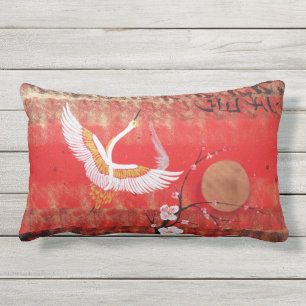 Japanese crane sun Japan sakura red painting Lumbar Cushion