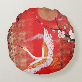 Japanese crane sun Japan sakura red painting Round Cushion
