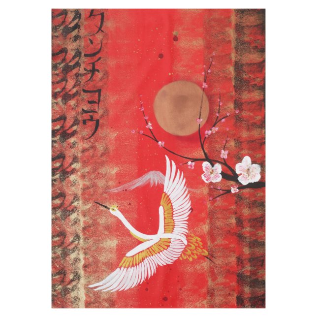Japanese crane sun Japan sakura red painting Tablecloth (Front)