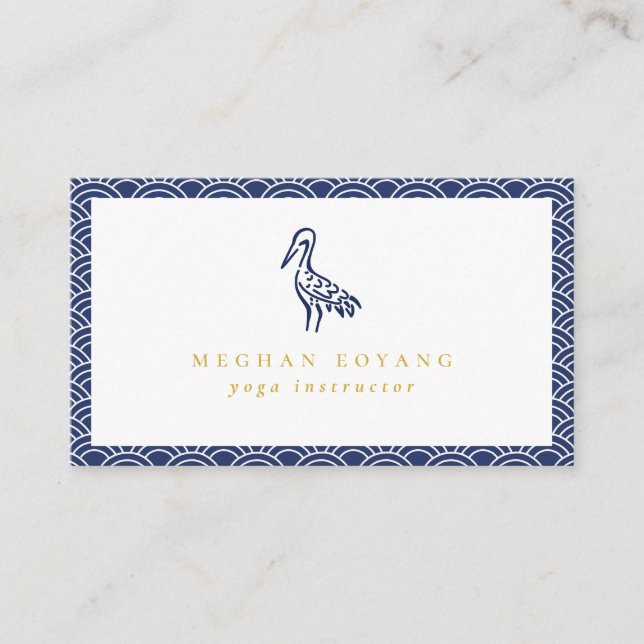 Japanese Crane Wave Pattern Navy Blue Business Card (Front)