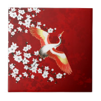 Japanese Crane White Cherry Blossom Red