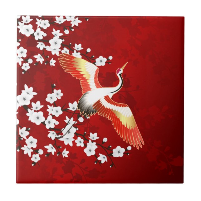 Japanese Crane White Cherry Blossom Red Ceramic Tile (Front)