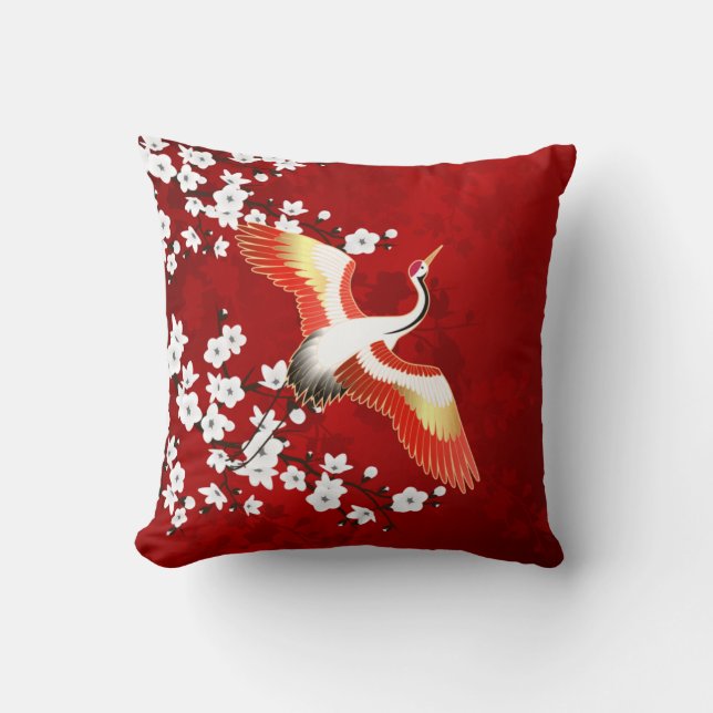Japanese Crane White Cherry Blossom Red Cushion (Front)