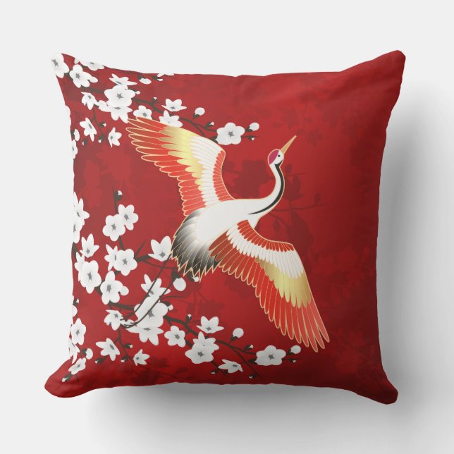Japanese Crane White Cherry Blossom Red Cushion (Front)