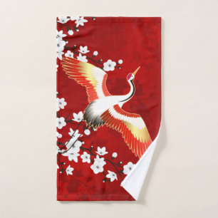 Japanese Crane White Cherry Blossom Red Hand Towel
