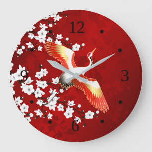 Japanese Crane White Cherry Blossom Red Large Clock
