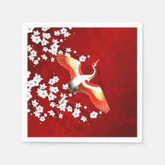Japanese Crane White Cherry Blossom Red Napkin