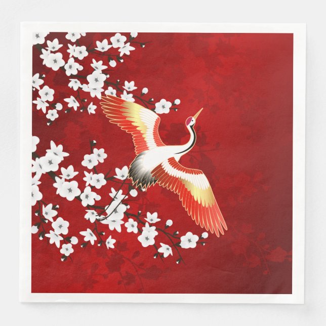 Japanese Crane White Cherry Blossom Red Napkin (Front)