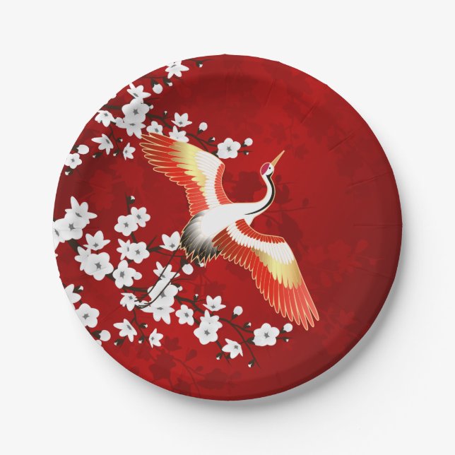 Japanese Crane White Cherry Blossom Red Paper Plate (Front)