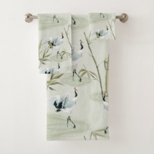 Japanese Cranes and Bamboo Watercolor Pattern Bath Towel Set