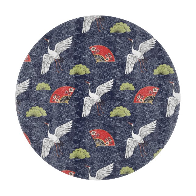 Japanese Cranes and Fans: Vintage Pattern Cutting Board (Front)