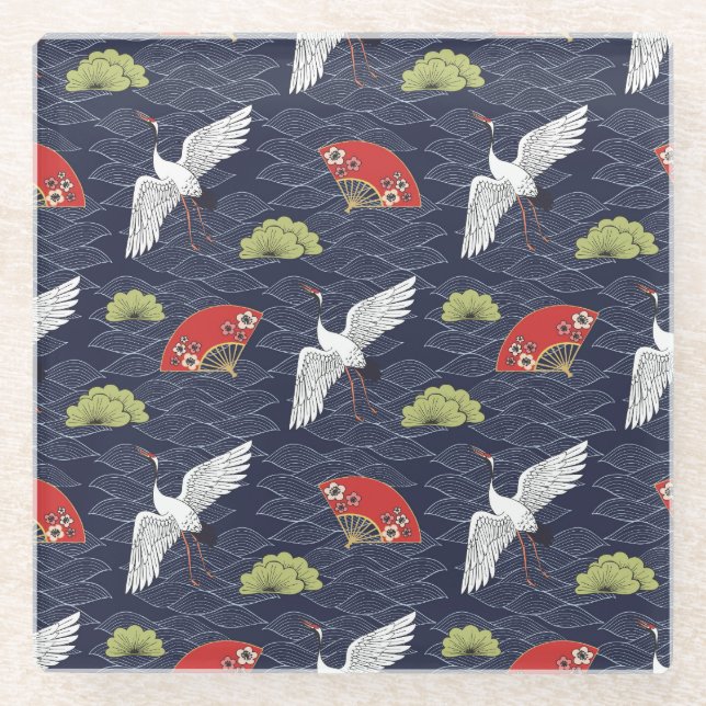 Japanese Cranes and Fans: Vintage Pattern Glass Coaster (Front)