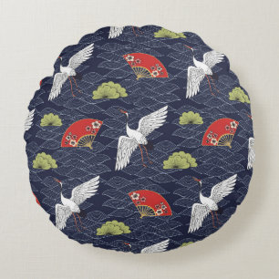 Japanese Cranes and Fans: Vintage Pattern Round Cushion
