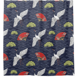 Japanese Cranes and Fans: Vintage Pattern Shower Curtain
