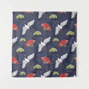 Japanese Cranes and Fans: Vintage Pattern Tapestry
