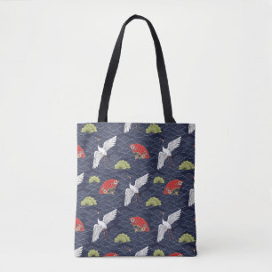 Japanese Cranes and Fans: Vintage Pattern Tote Bag