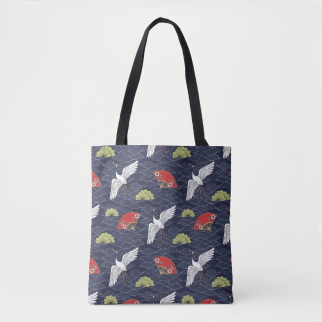 Japanese Cranes and Fans: Vintage Pattern Tote Bag (Front)