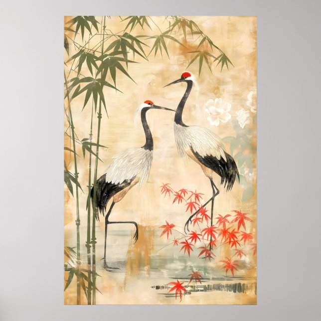Japanese Cranes & Bamboo Art Print Textured (Front)