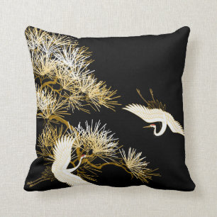 Japanese Cranes Black Gold White Birds pillow