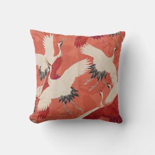 Japanese Cranes Burnt Orange Kimono Art Vintage Cushion