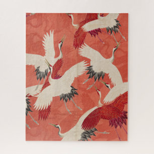 Japanese Cranes Burnt Orange Kimono Fabric Art Jigsaw Puzzle