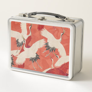 Japanese Cranes Burnt Orange Kimono Fabric Art Metal Lunch Box